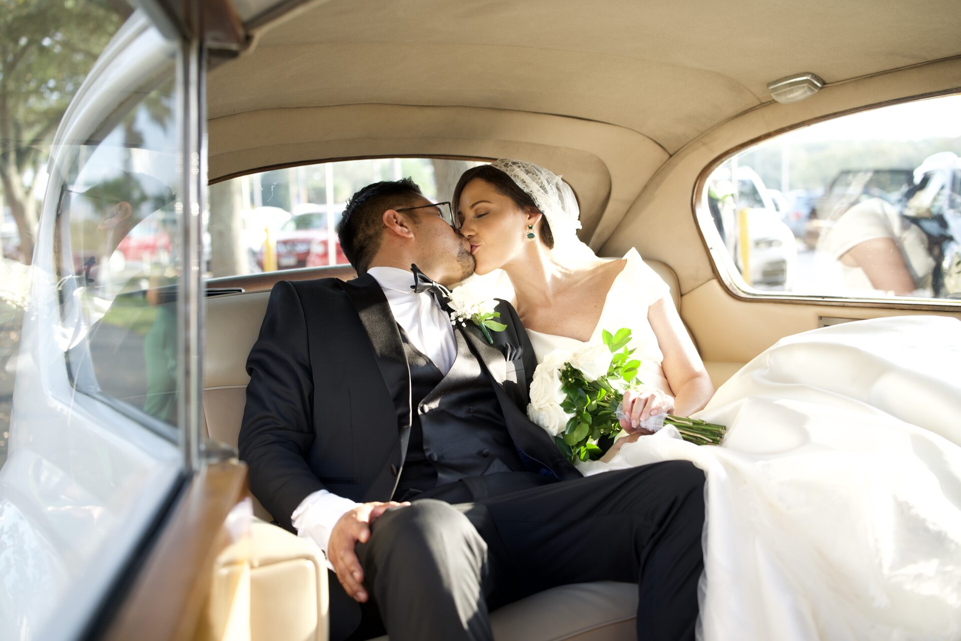 Hybrid film wedding photography Florida — couple, vintage car